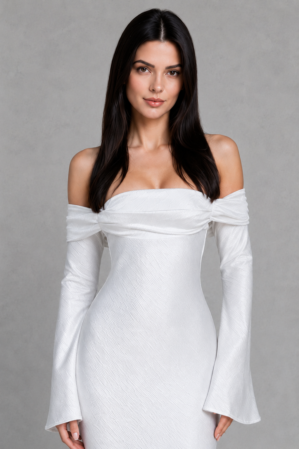 Women's bardot satin maxi dress with twisted off-shoulder neckline, attached waist tie, long flared sleeves, and flowing bias-cut silhouette for elegant evening and formal occasions.