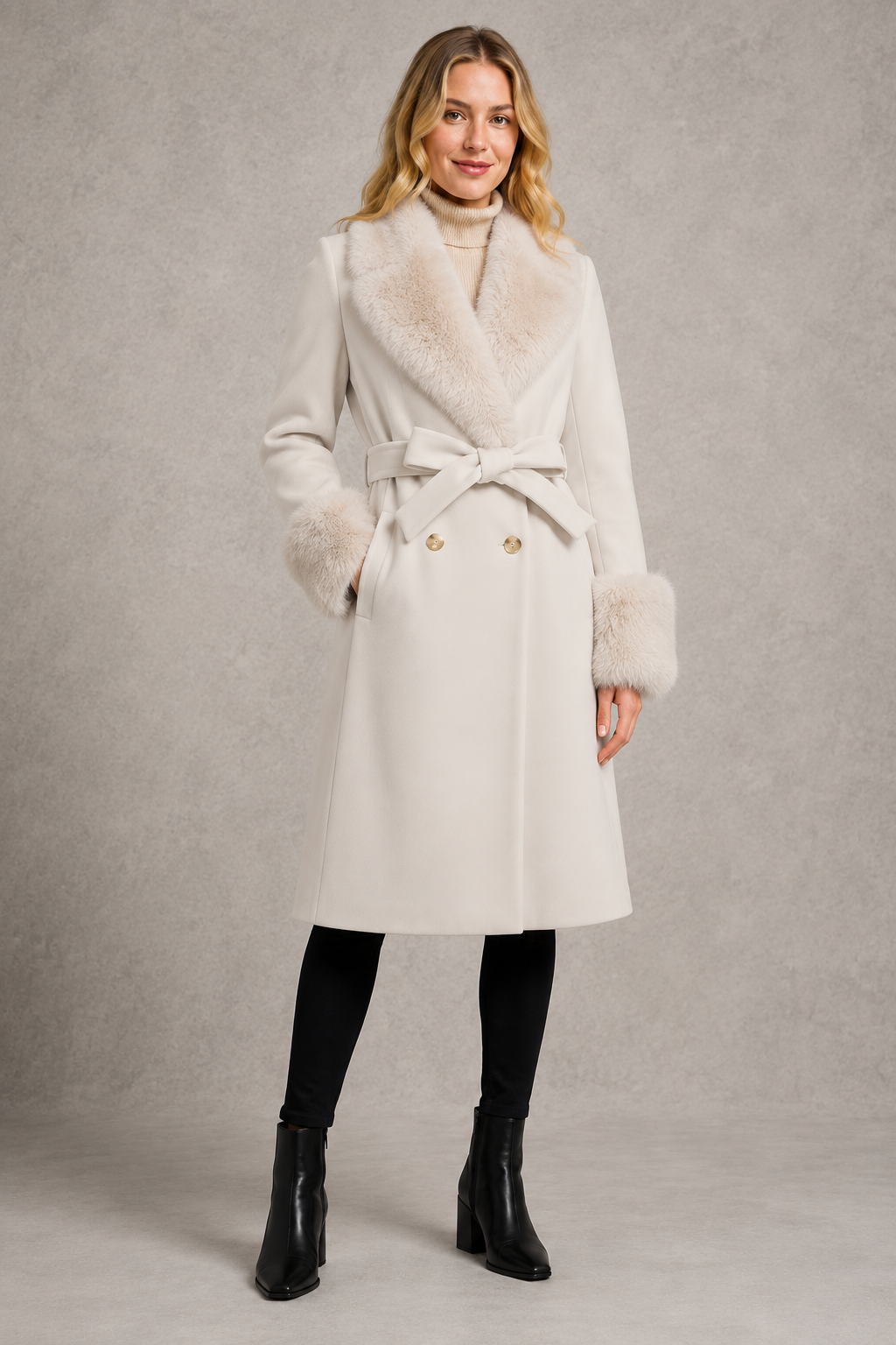 Women’s belted longline wool cashmere coat with removable fox fur collar and cuff trim, self-tie waist belt, and elegant tailored silhouette.