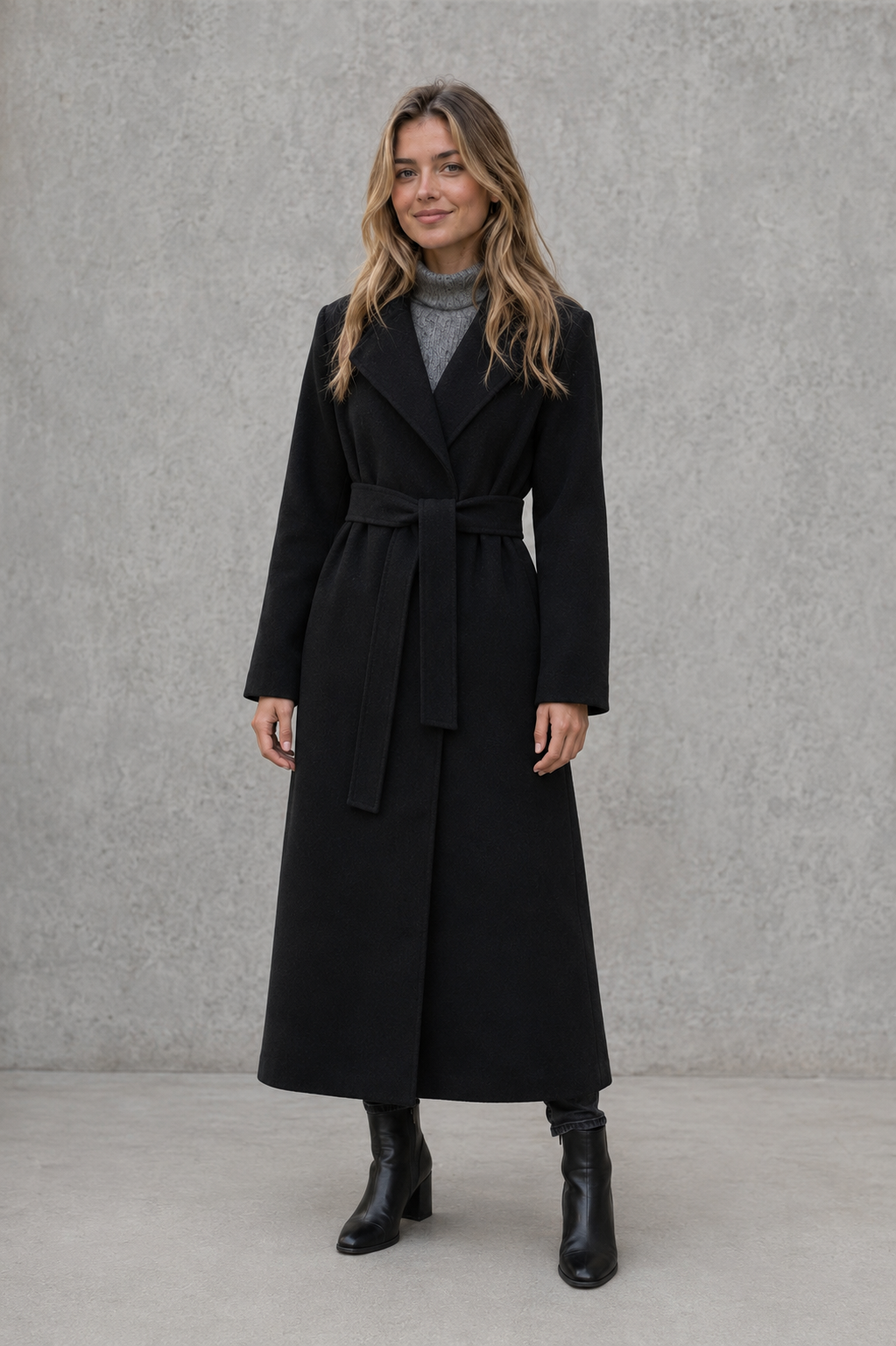 Women’s belted longline wrap coat with a classic lapel collar, adjustable waist tie, straight-cut silhouette, and structured tailored finish.