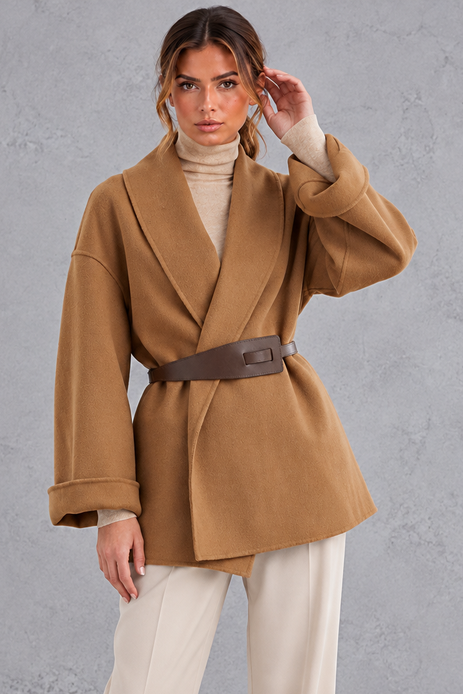 Women's Belted Shawl Collar Wrap Coat – Camel