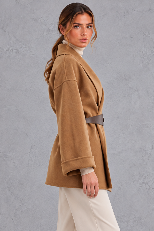 Women's Belted Shawl Collar Wrap Coat – Camel