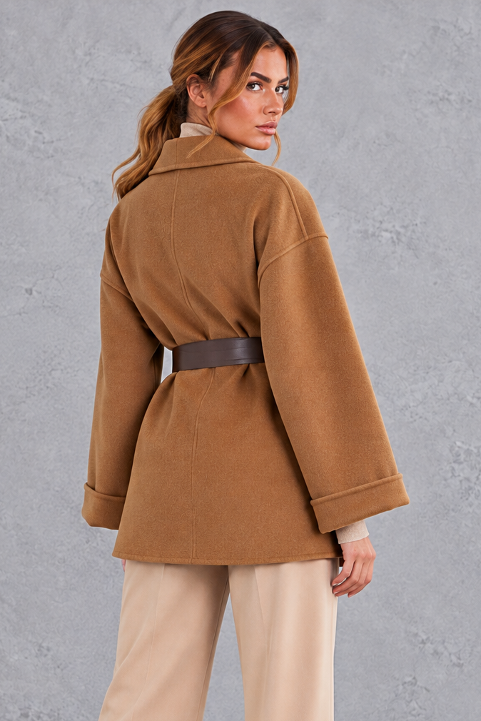 Women's Belted Shawl Collar Wrap Coat – Camel