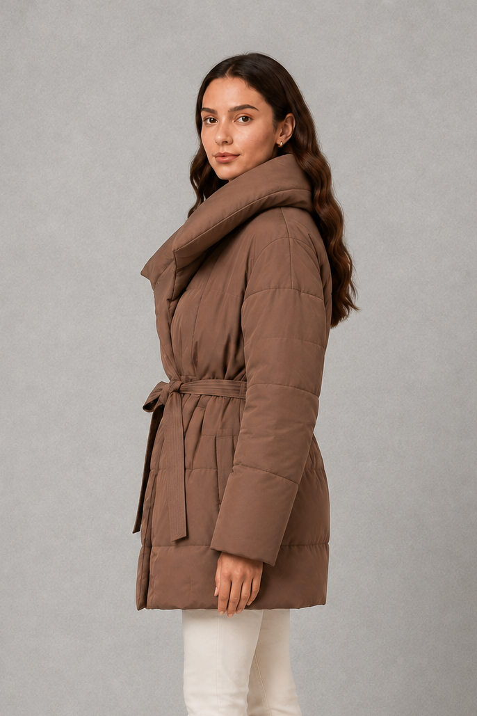Women’s belted quilted puffer jacket with soft insulated padding, adjustable waist belt, full-length front zipper, and a flattering regular-fit silhouette.