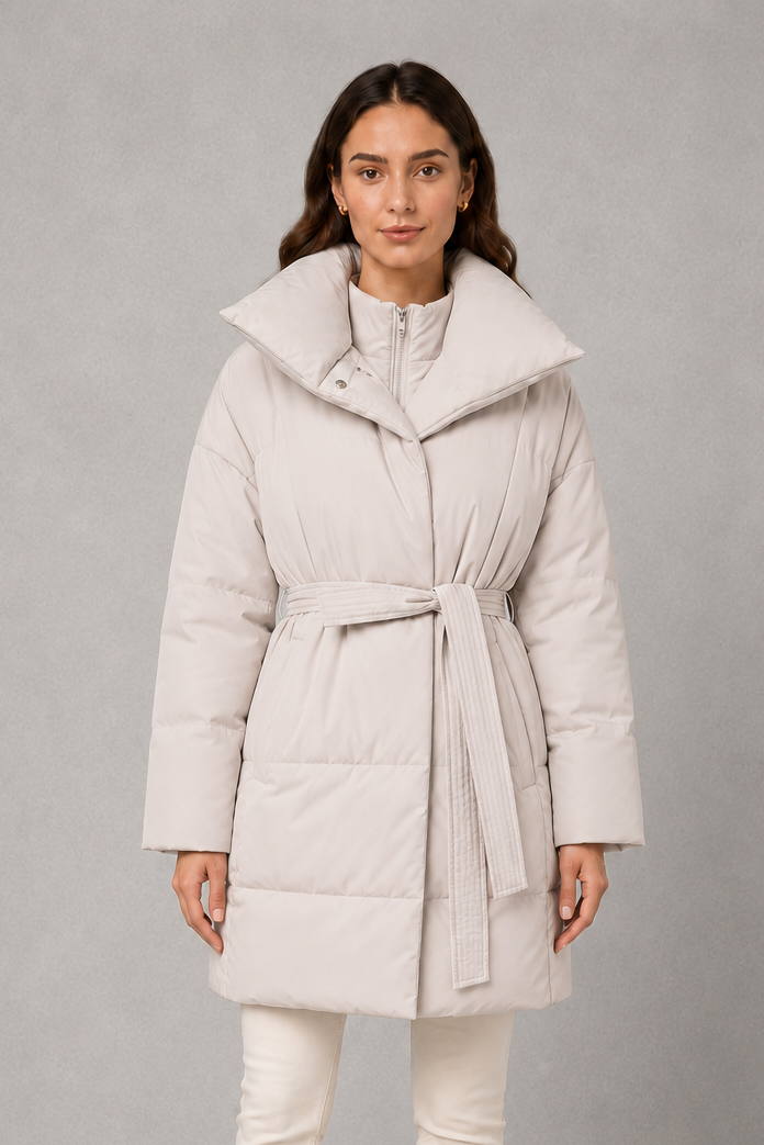 Women’s belted quilted puffer jacket with soft insulated padding, adjustable waist belt, full-length front zipper, and a flattering regular-fit silhouette.