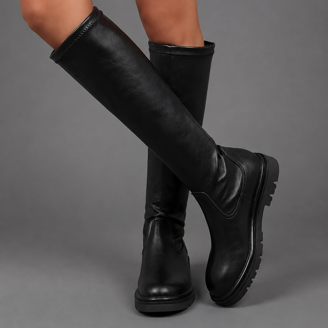 Women’s black pointed toe mid-calf boots with a smooth faux leather upper, low heel, streamlined silhouette, and convenient inside zipper.