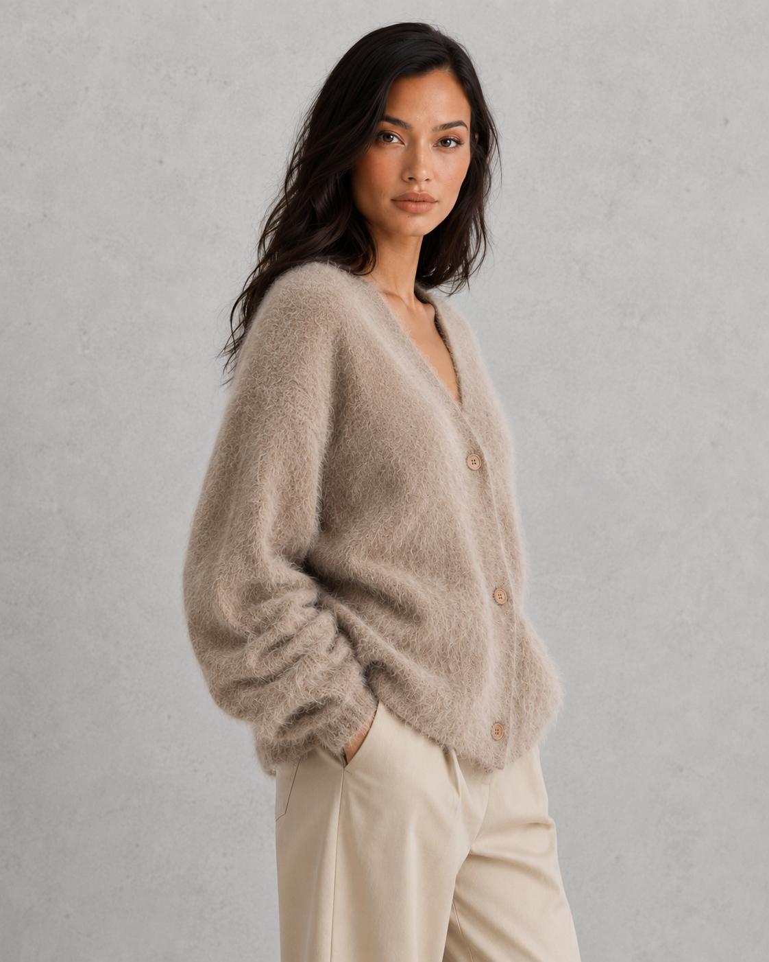 Woman wearing a soft button-front knit cardigan in a relaxed fit, styled for elegant autumn and winter layering.