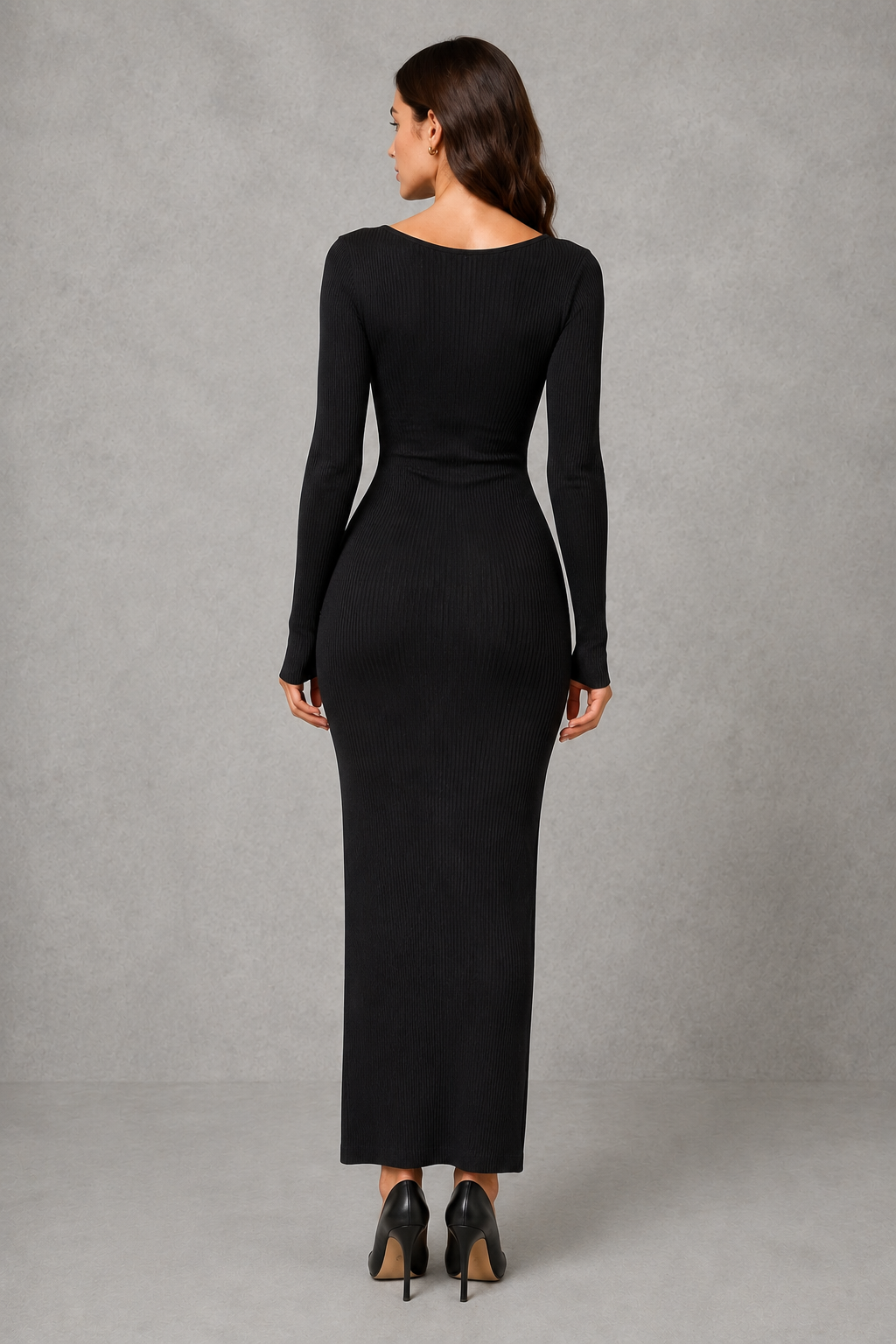 Women’s button-front knit midi dress with long princess-style sleeves, a defined waist and softly flared A-line skirt.
