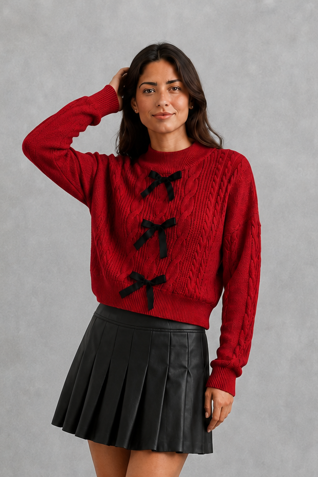 Women’s cable knit cardigan with long sleeves, classic textured detailing and feminine bow tie accents for cozy everyday layering.