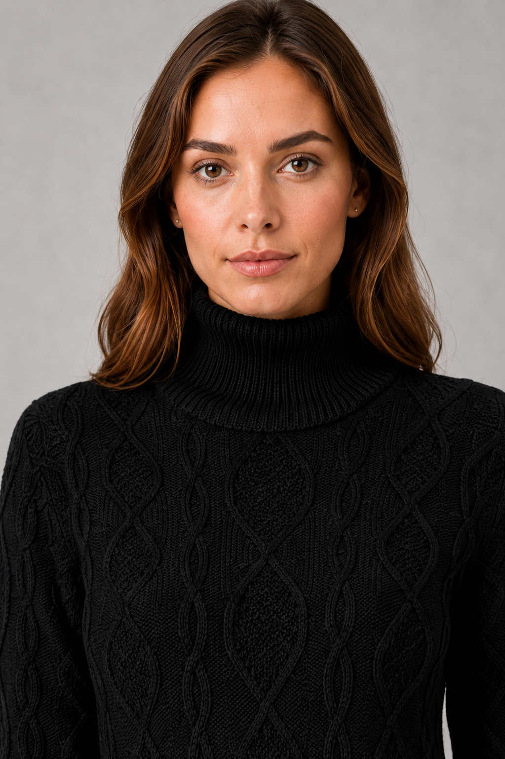 Women’s cable knit sweater mini dress with a cozy turtleneck, long sleeves, ribbed trims and a relaxed straight silhouette.