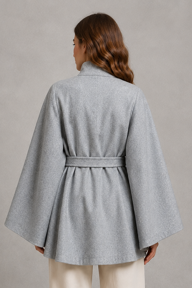 Women’s cape sleeve wool-look coat with a refined stand collar, belted waist, slim tailored fit, and structured statement silhouette.