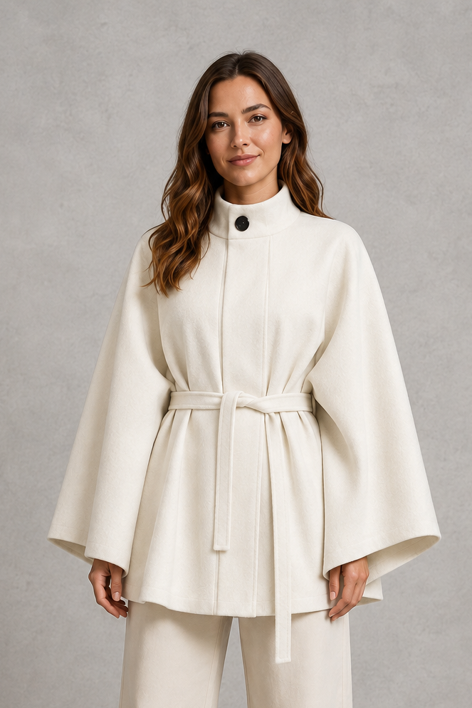 Women’s cape sleeve wool-look coat with a refined stand collar, belted waist, slim tailored fit, and structured statement silhouette.
