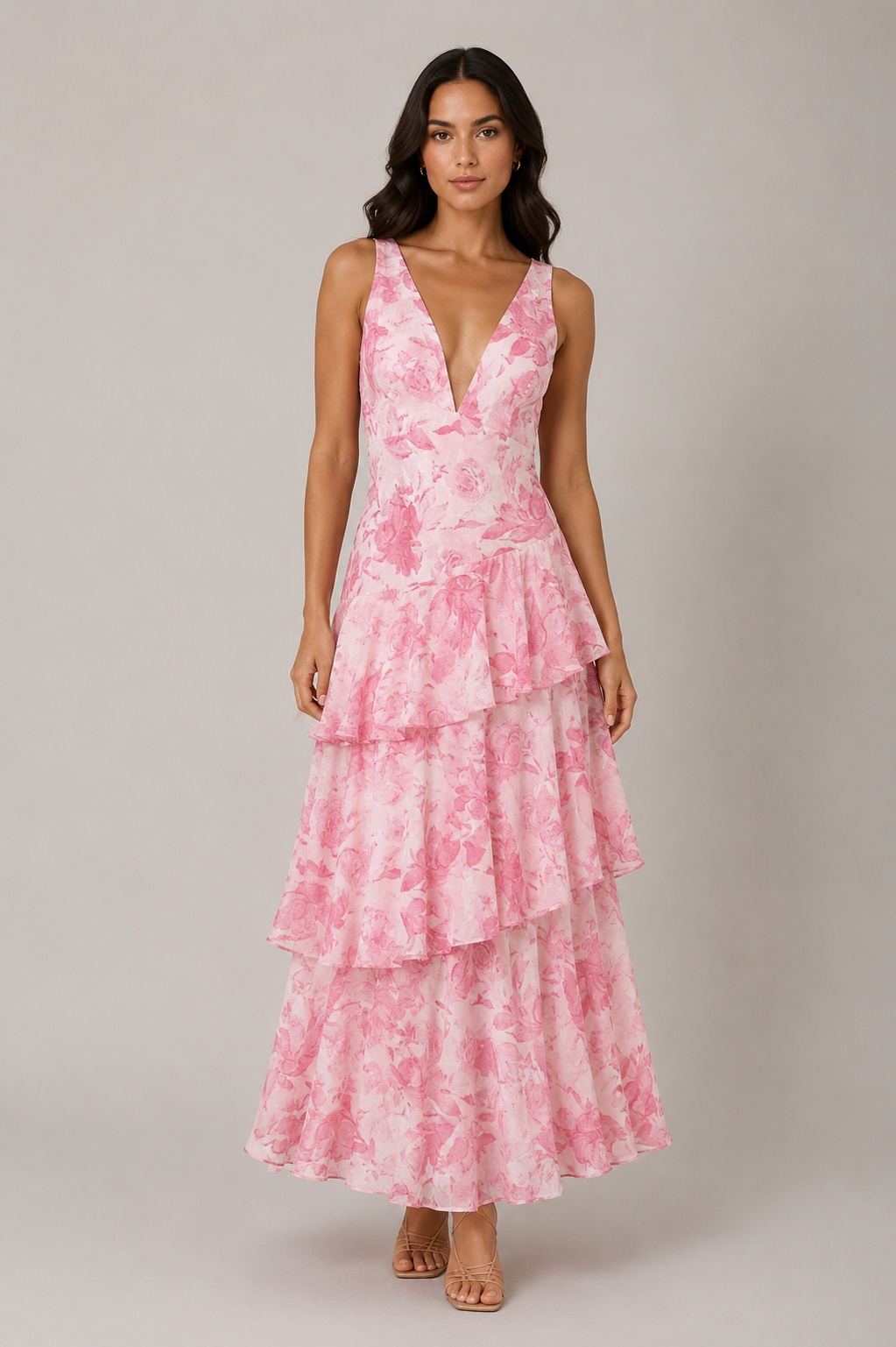 Women's chiffon maxi dress with a V-neckline, tiered ruffle skirt, and flowing silhouette. Lightweight and breathable fabric creates elegant movement, making it suitable for warm-weather events, dinners, and casual outings.