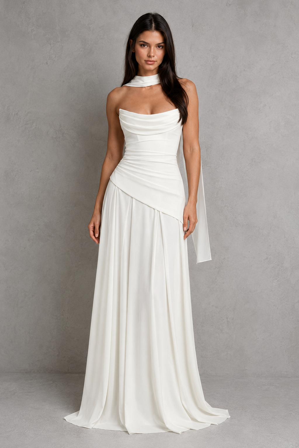 Women's chiffon maxi dress with a pleated cowl neckline, structured boned bodice, asymmetric waist detailing, lace-up back, and flowing multi-godet skirt for elegant evening and formal occasions.