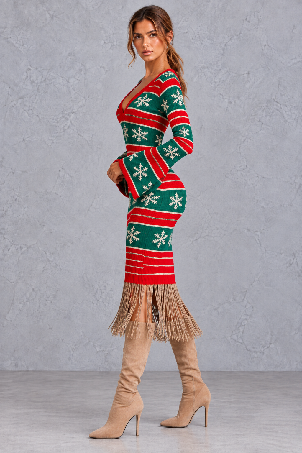Knit Christmas sweater dress showing the long full sleeves