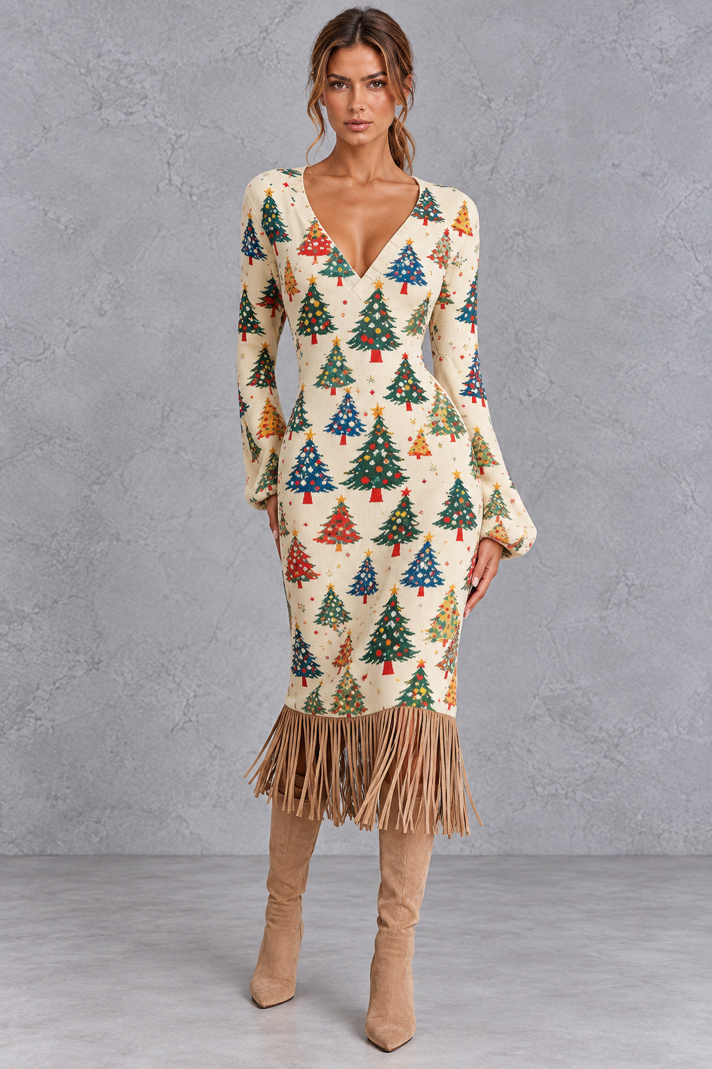 Styled holiday look wearing the Christmas sweater dress with boots