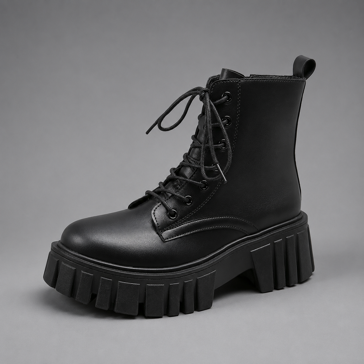 Women’s chunky combat ankle boots with lace-up front, round toe, leather-look PU upper, block heel, and rugged lug sole.