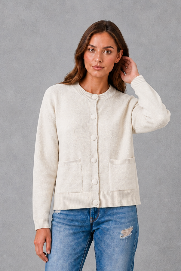 Women’s chunky knit cardigan with a thick textured finish, classic round neckline, long sleeves, and a relaxed loose-fit silhouette.
