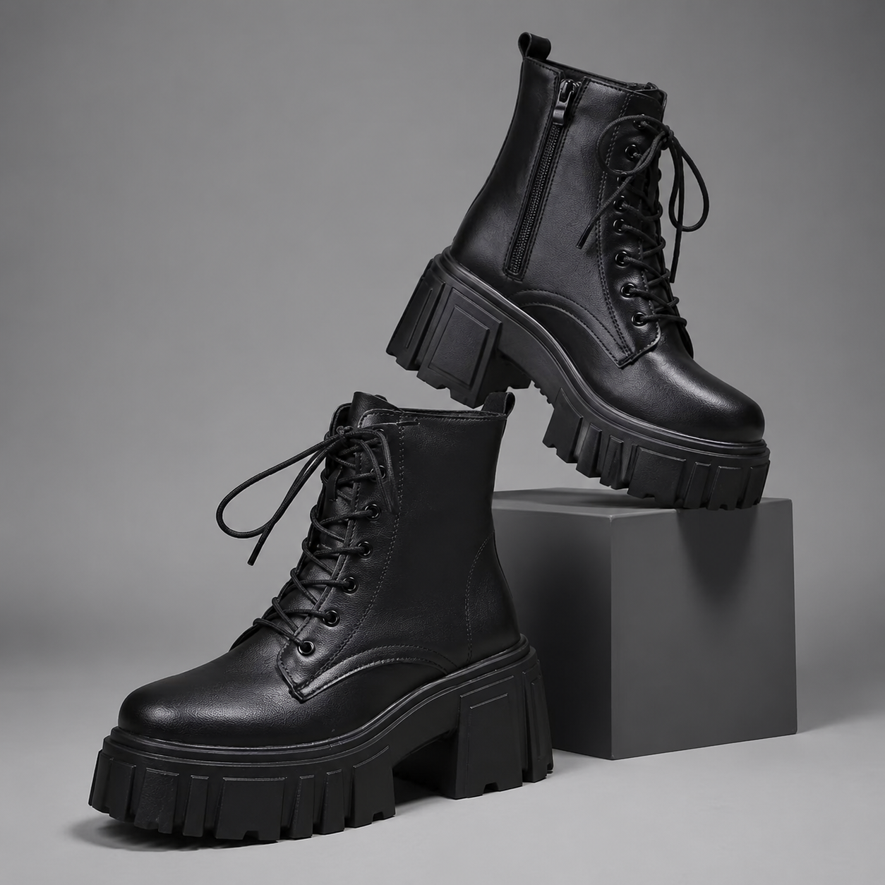 Women's chunky sole combat boots with a lace-up design, ankle-height silhouette, square heel and durable rubber sole for everyday casual wear.
