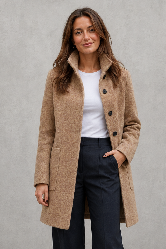 Women’s classic button-front longline coat with a tailored straight silhouette, regular fit and functional side pockets.