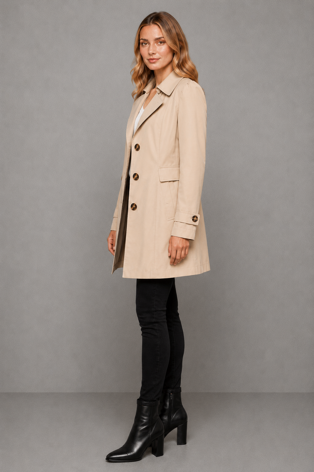 Women’s classic cotton-blend trench coat with a tailored longline silhouette, lapel collar, button-front closure, and functional side pockets.