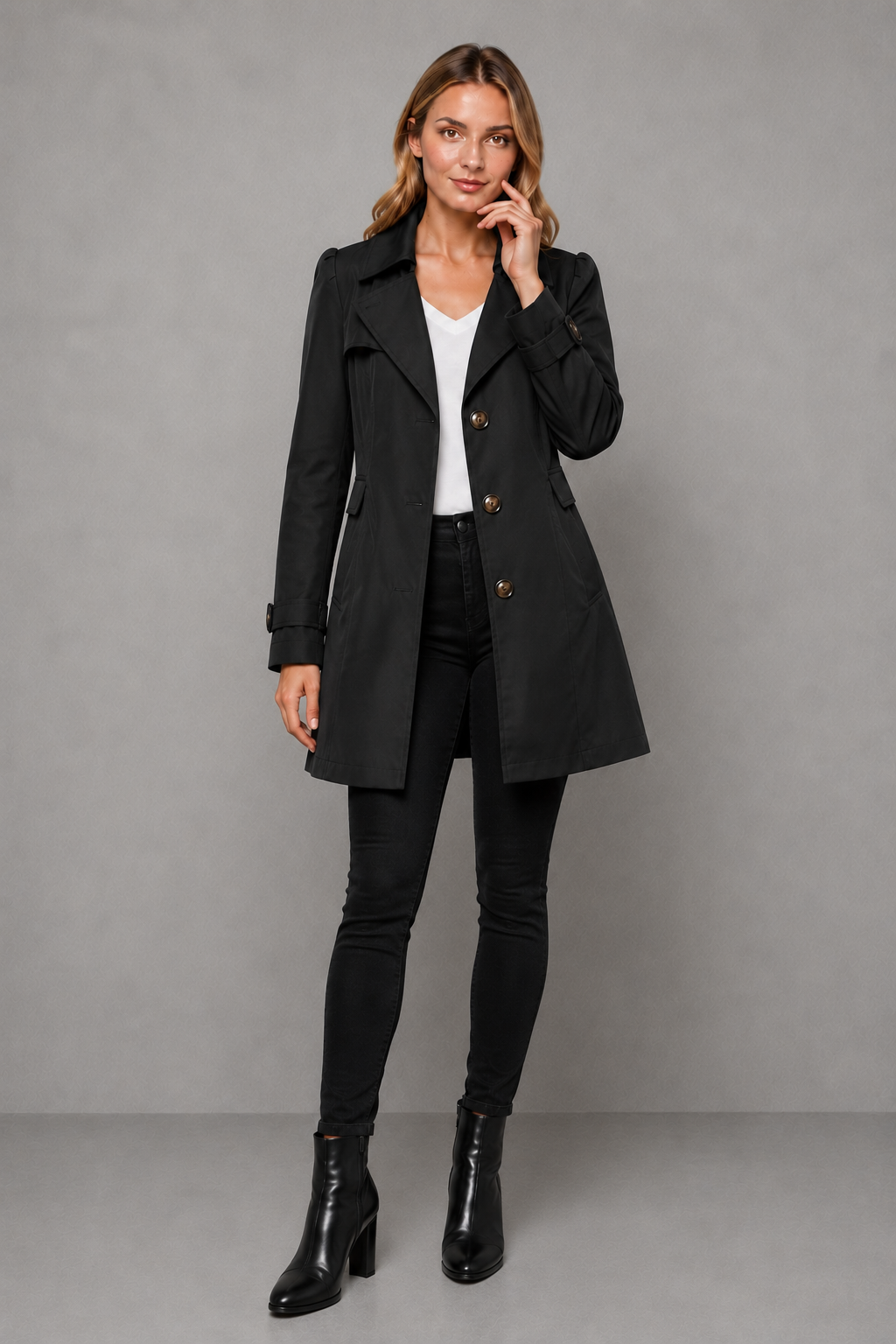 Women’s classic cotton-blend trench coat with a tailored longline silhouette, lapel collar, button-front closure, and functional side pockets.