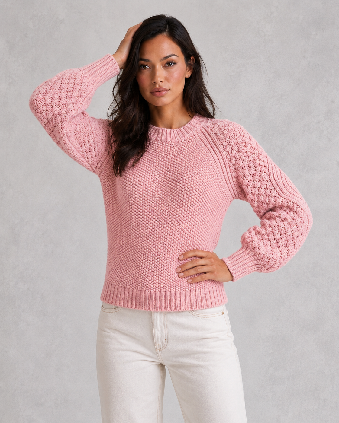 Women's classic knit sweater in soft wool-look fabric with crew neckline, long sleeves, and relaxed fit for elegant autumn and winter styling.