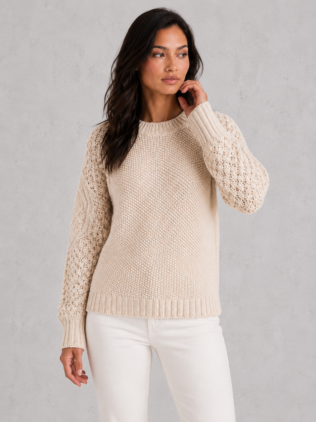 Women's classic knit sweater in soft wool-look fabric with crew neckline, long sleeves, and relaxed fit for elegant autumn and winter styling.