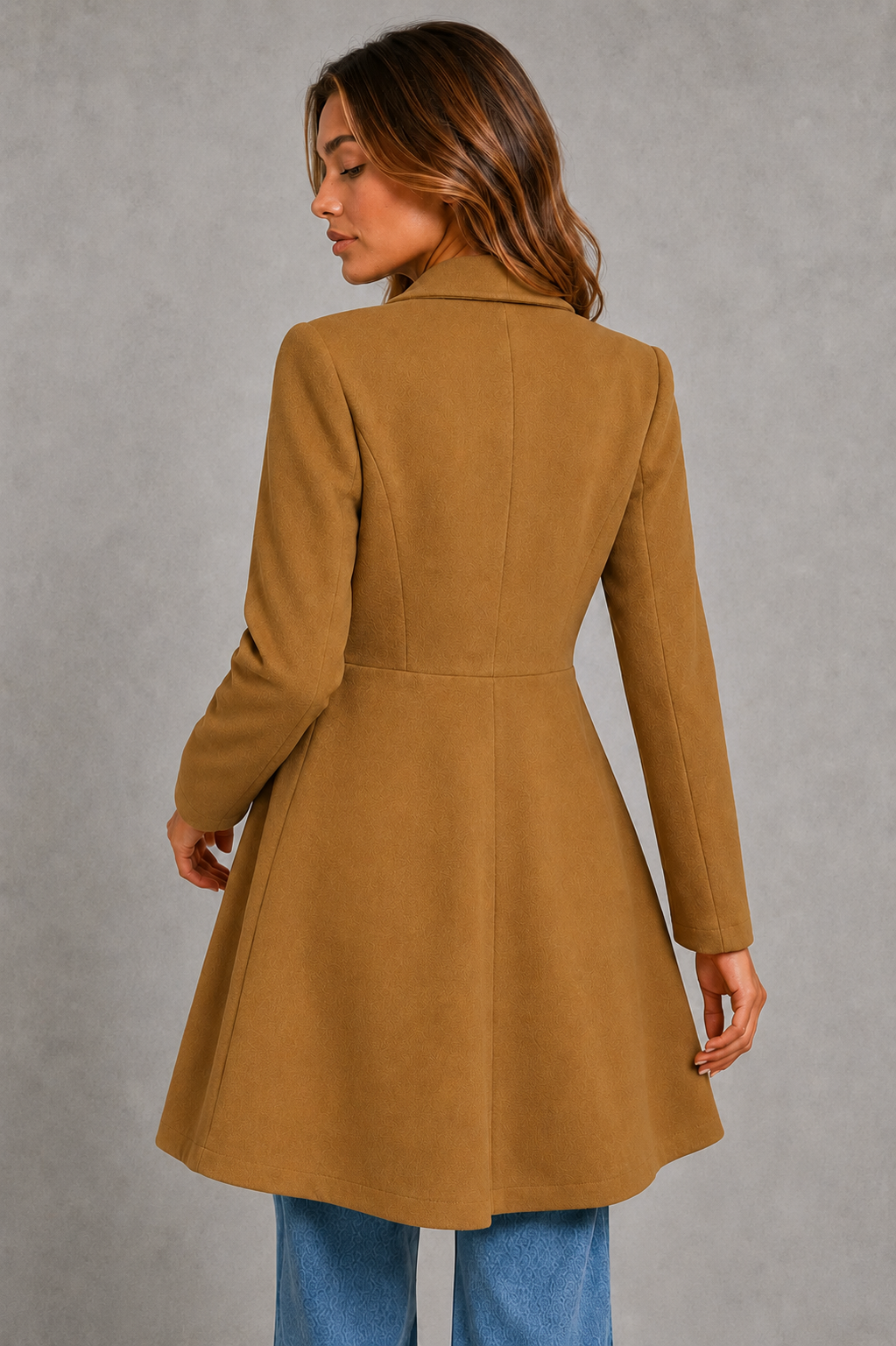 Women’s classic longline overcoat with a tailored silhouette, timeless lapel collar and elegant streamlined design for polished cold-weather layering.