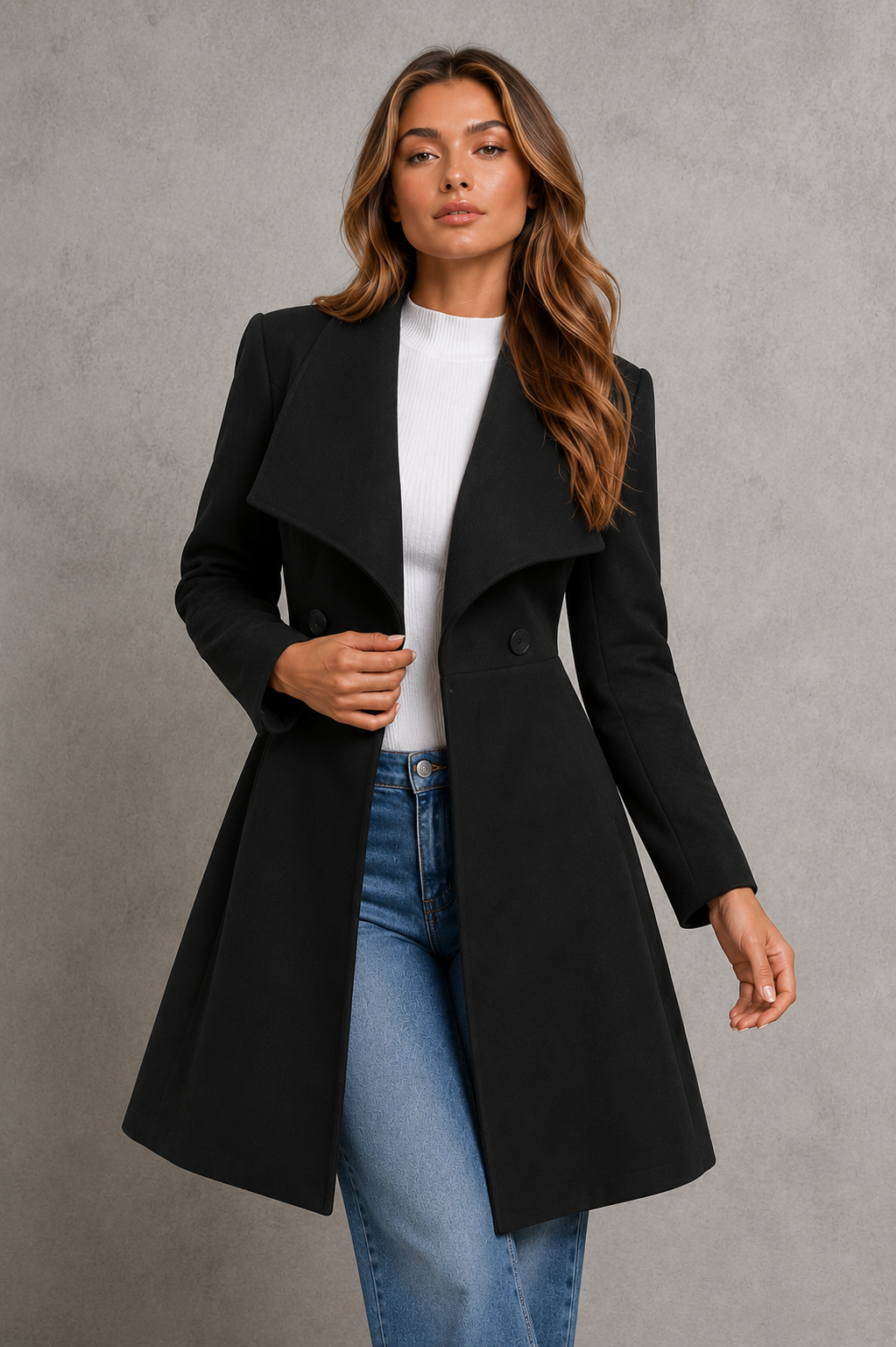 Women’s classic longline overcoat with a tailored silhouette, timeless lapel collar and elegant streamlined design for polished cold-weather layering.