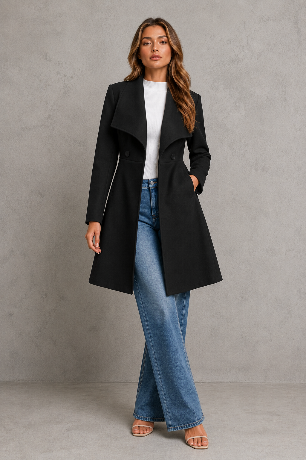 Women’s classic longline overcoat with a tailored silhouette, timeless lapel collar and elegant streamlined design for polished cold-weather layering.