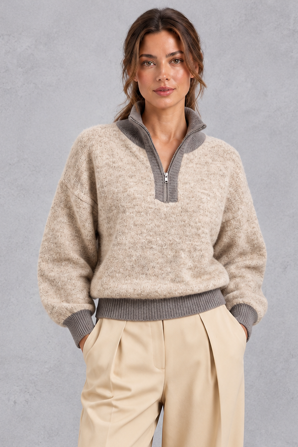 Women's half zip knit sweater in oatmeal, front view