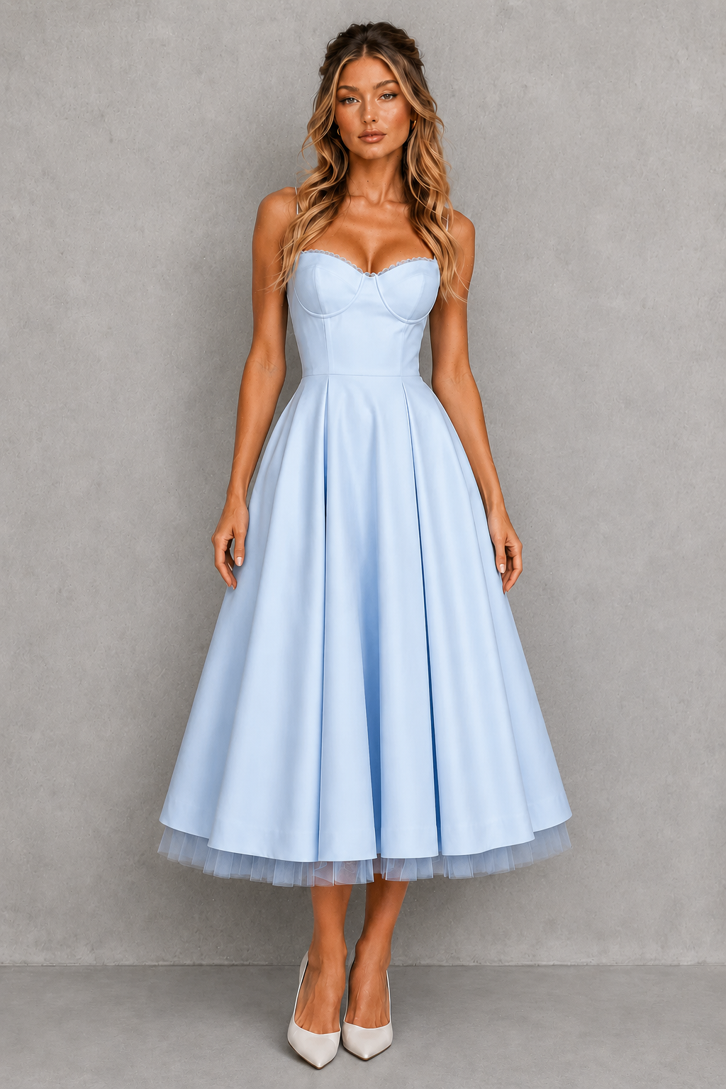 Women's satin corset midi dress featuring a structured sweetheart neckline, adjustable straps, fitted bodice, and a full flowing midi skirt, ideal for wedding guests, formal occasions, and elegant celebrations.