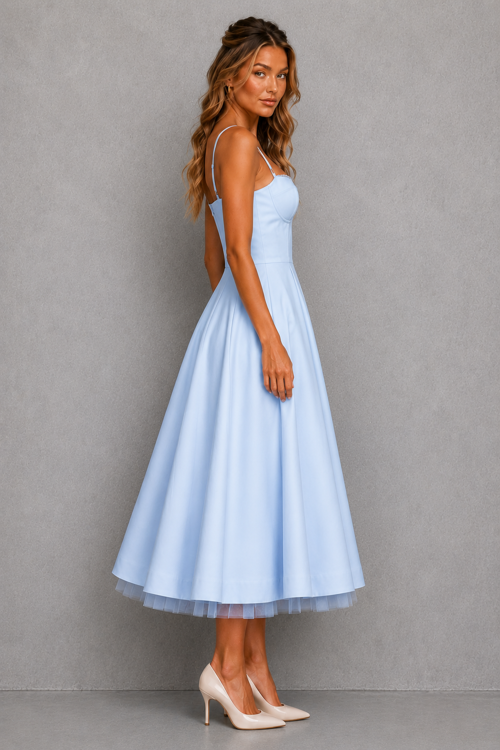Women's satin corset midi dress featuring a structured sweetheart neckline, adjustable straps, fitted bodice, and a full flowing midi skirt, ideal for wedding guests, formal occasions, and elegant celebrations.