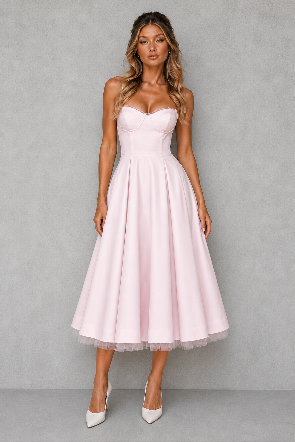 Women's satin corset midi dress featuring a structured sweetheart neckline, adjustable straps, fitted bodice, and a full flowing midi skirt, ideal for wedding guests, formal occasions, and elegant celebrations.