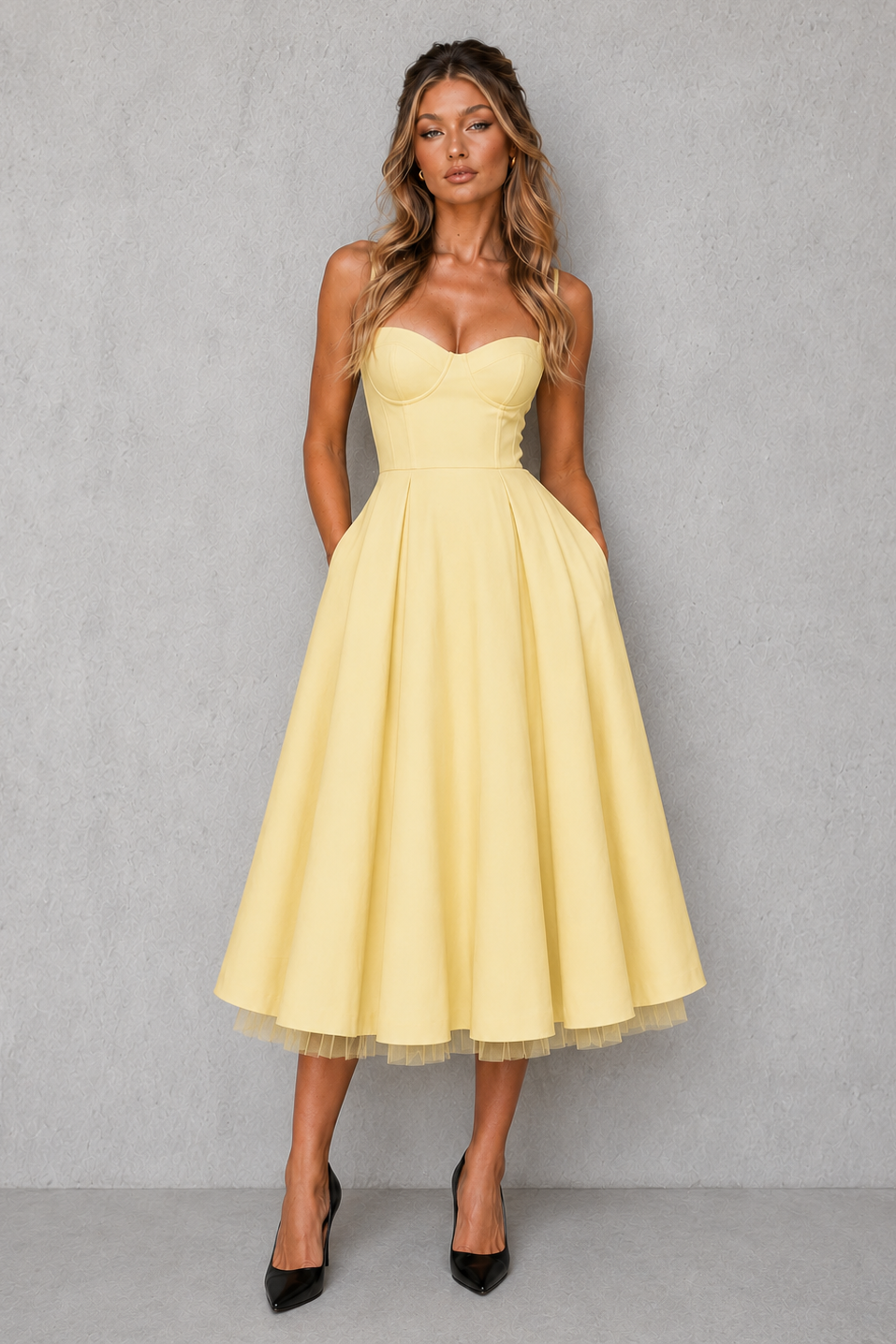 Women's satin corset midi dress featuring a structured sweetheart neckline, adjustable straps, fitted bodice, and a full flowing midi skirt, ideal for wedding guests, formal occasions, and elegant celebrations.