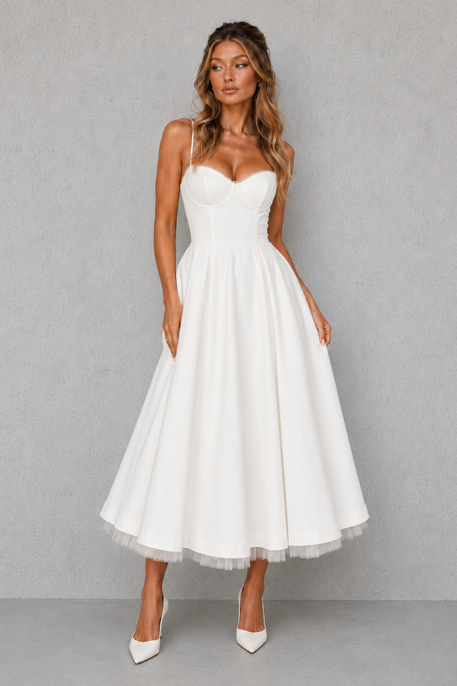 Women's satin corset midi dress featuring a structured sweetheart neckline, adjustable straps, fitted bodice, and a full flowing midi skirt, ideal for wedding guests, formal occasions, and elegant celebrations.