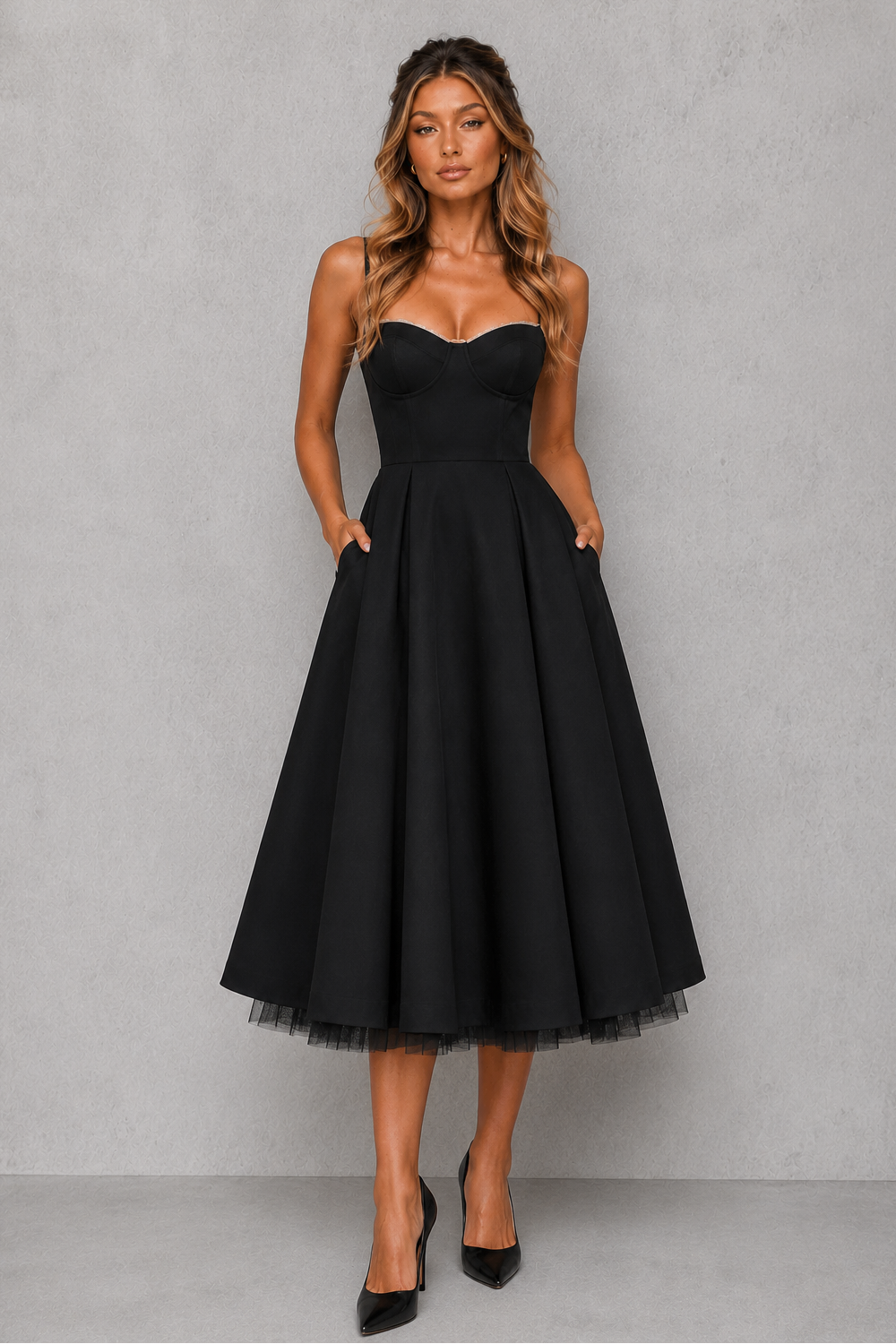 Women's satin corset midi dress featuring a structured sweetheart neckline, adjustable straps, fitted bodice, and a full flowing midi skirt, ideal for wedding guests, formal occasions, and elegant celebrations.