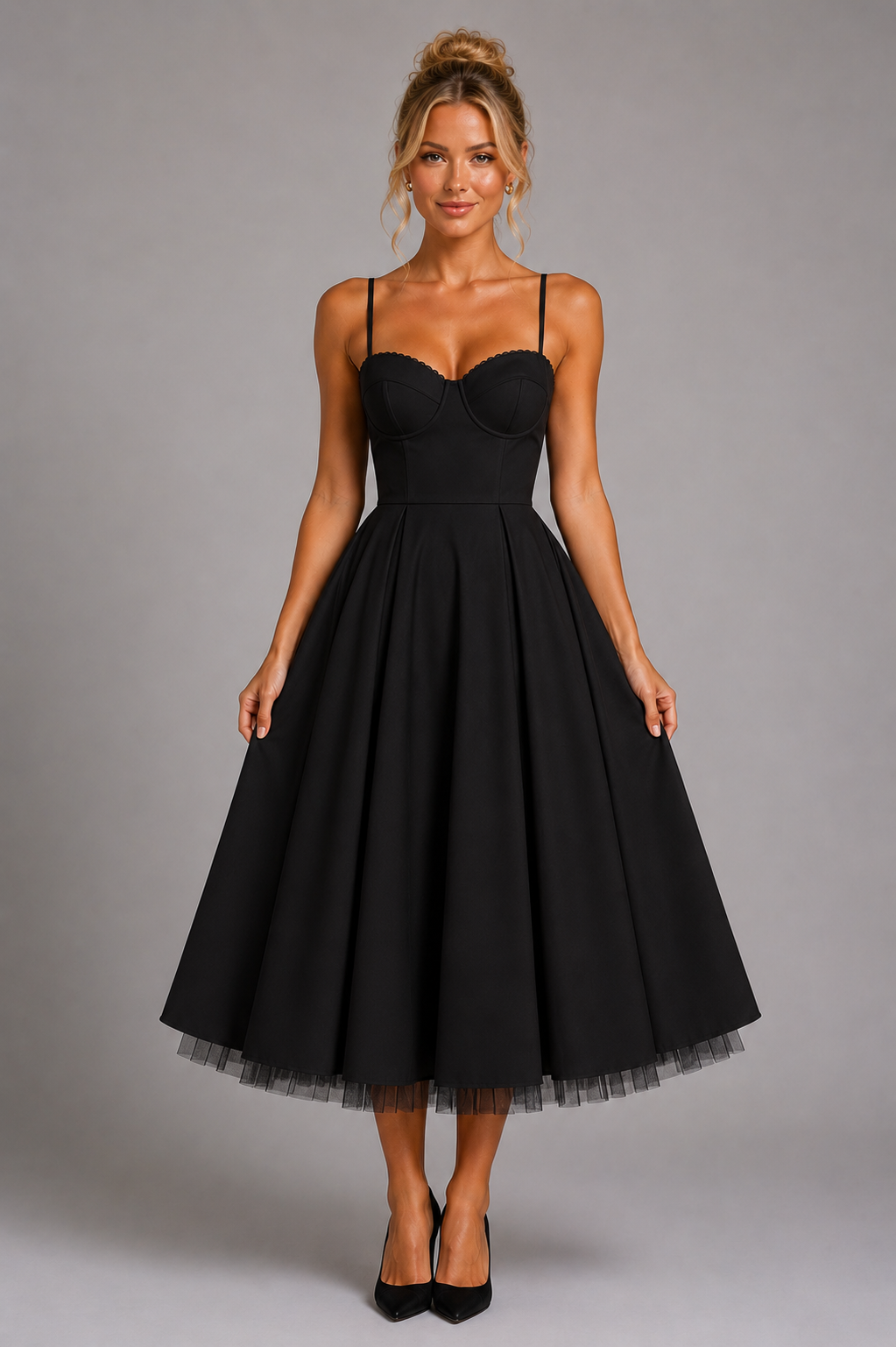 Womenโs elegant corset midi dress featuring a structured corset-style bodice, sweetheart neckline, adjustable shoulder straps, and a flowing full midi skirt with soft volume. Designed in a satin-feel fabric for weddings, parties, formal events, and special occasions.