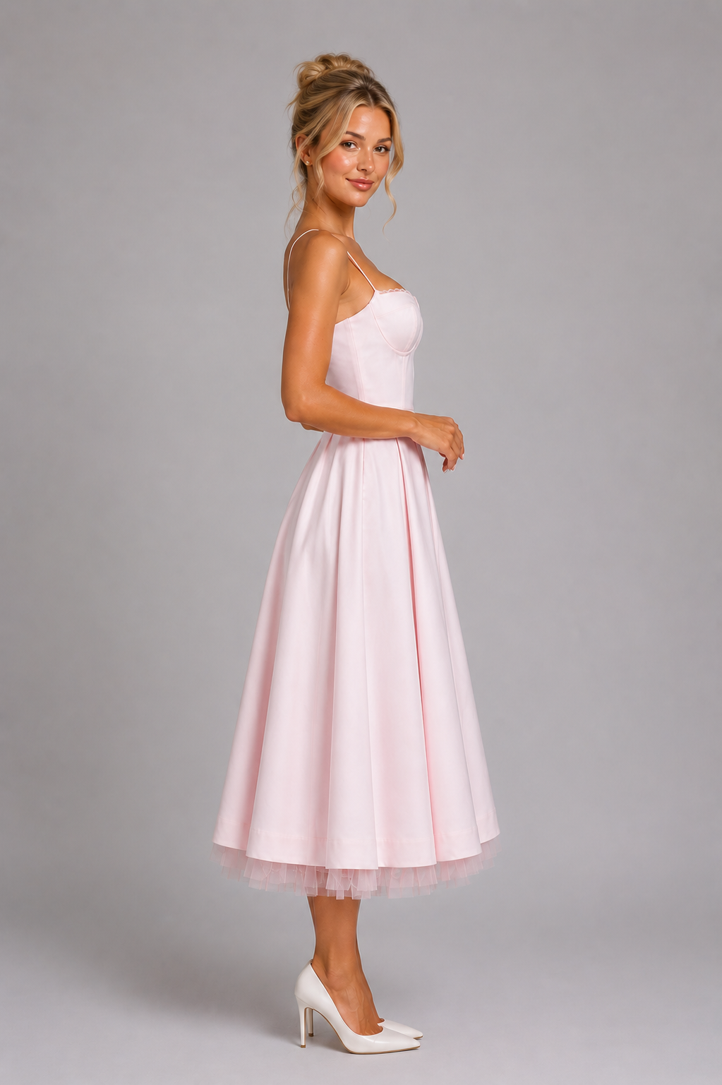 Womenโs elegant corset midi dress featuring a structured corset-style bodice, sweetheart neckline, adjustable shoulder straps, and a flowing full midi skirt with soft volume. Designed in a satin-feel fabric for weddings, parties, formal events, and special occasions.