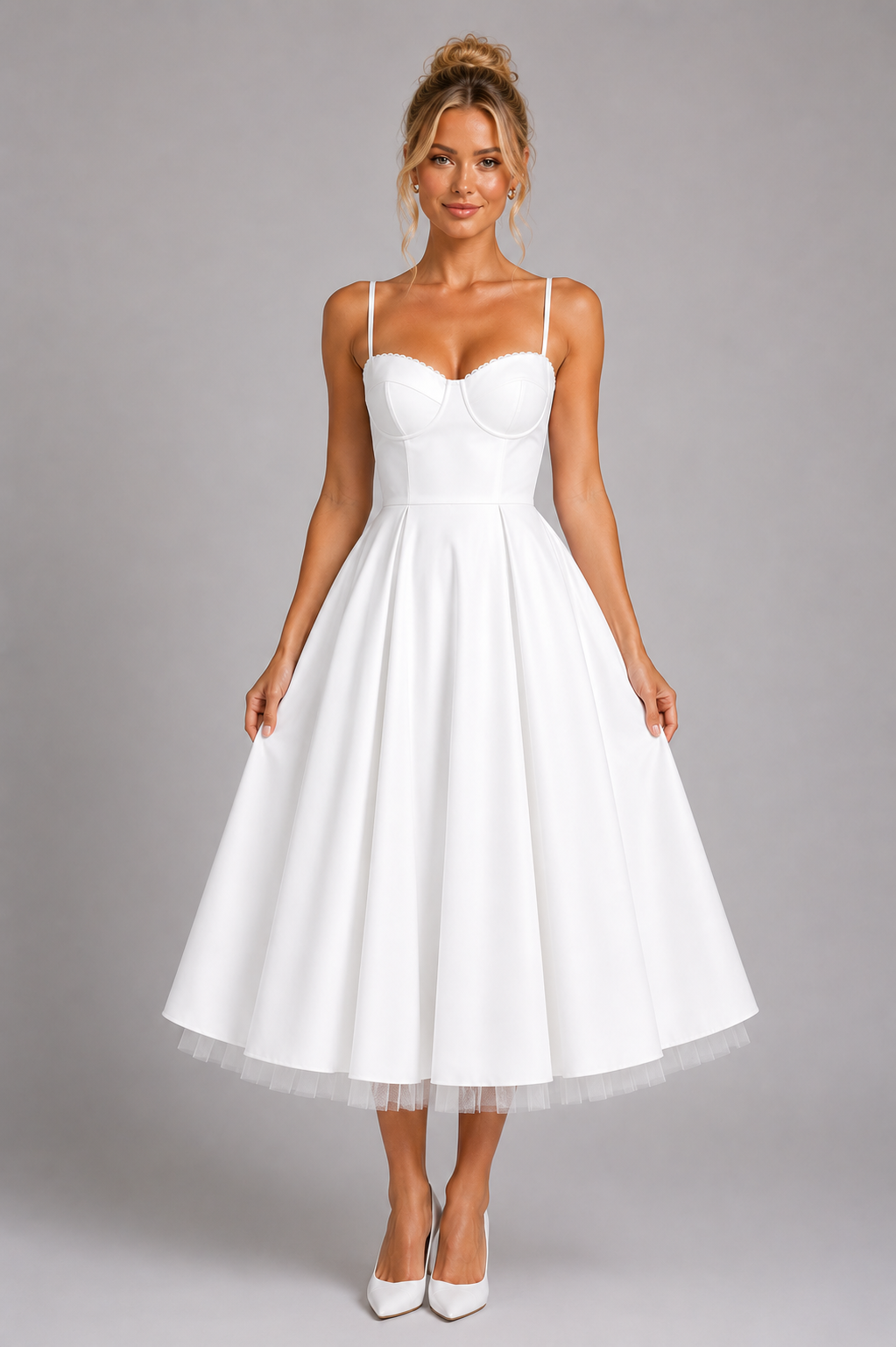 Womenโs elegant corset midi dress featuring a structured corset-style bodice, sweetheart neckline, adjustable shoulder straps, and a flowing full midi skirt with soft volume. Designed in a satin-feel fabric for weddings, parties, formal events, and special occasions.