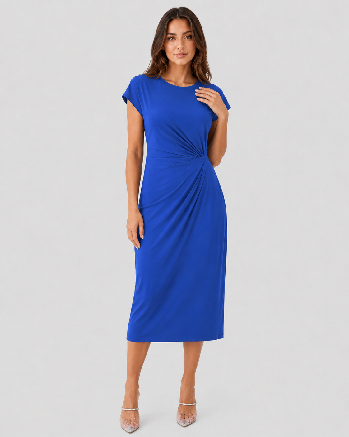 Shop the Women’s Cotton Midi Dress featuring a tailored fit, breathable premium cotton, and timeless style perfect for work, weddings, and more.