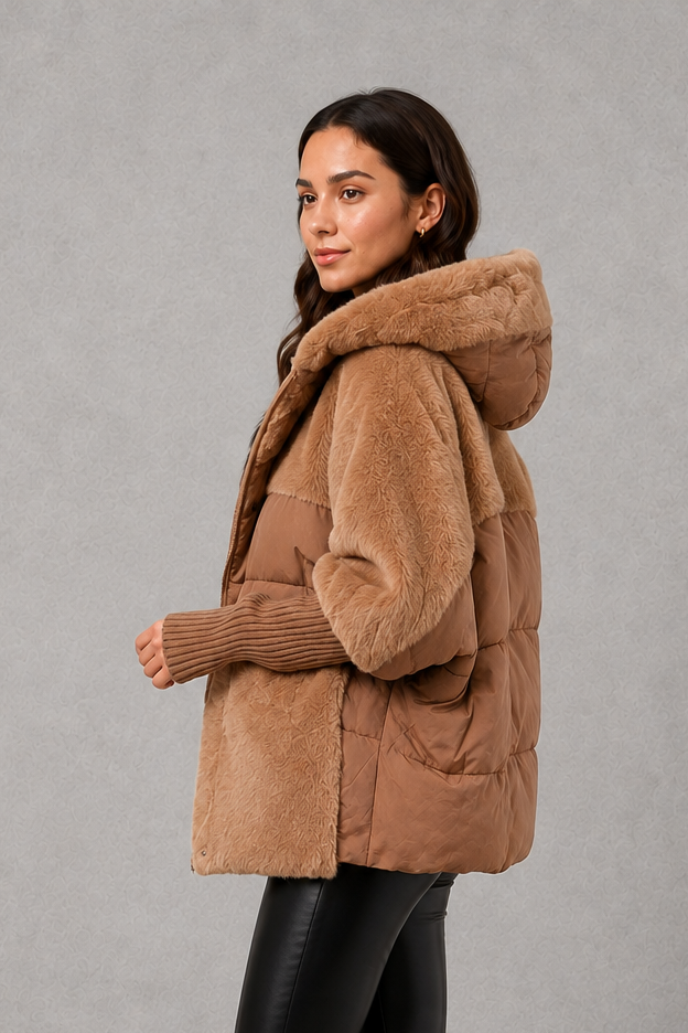Women’s cozy hooded longline coat with a soft inner lining, attached hood, smooth outer fabric, and comfortable regular fit for winter layering.