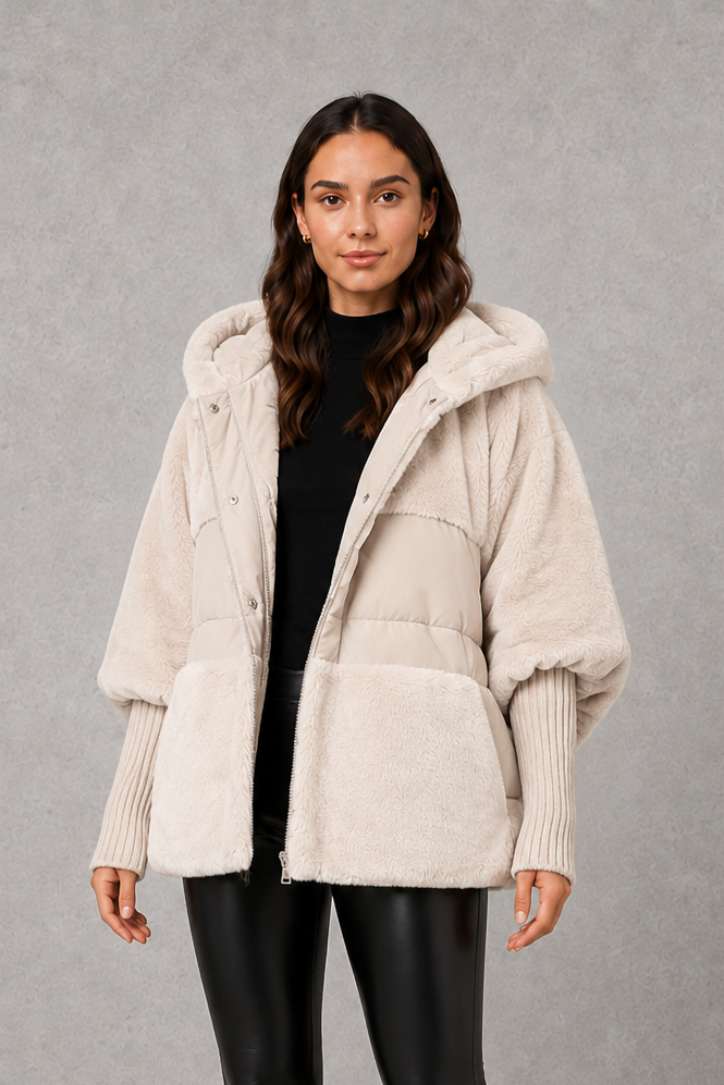 Women’s cozy hooded longline coat with a soft inner lining, attached hood, smooth outer fabric, and comfortable regular fit for winter layering.