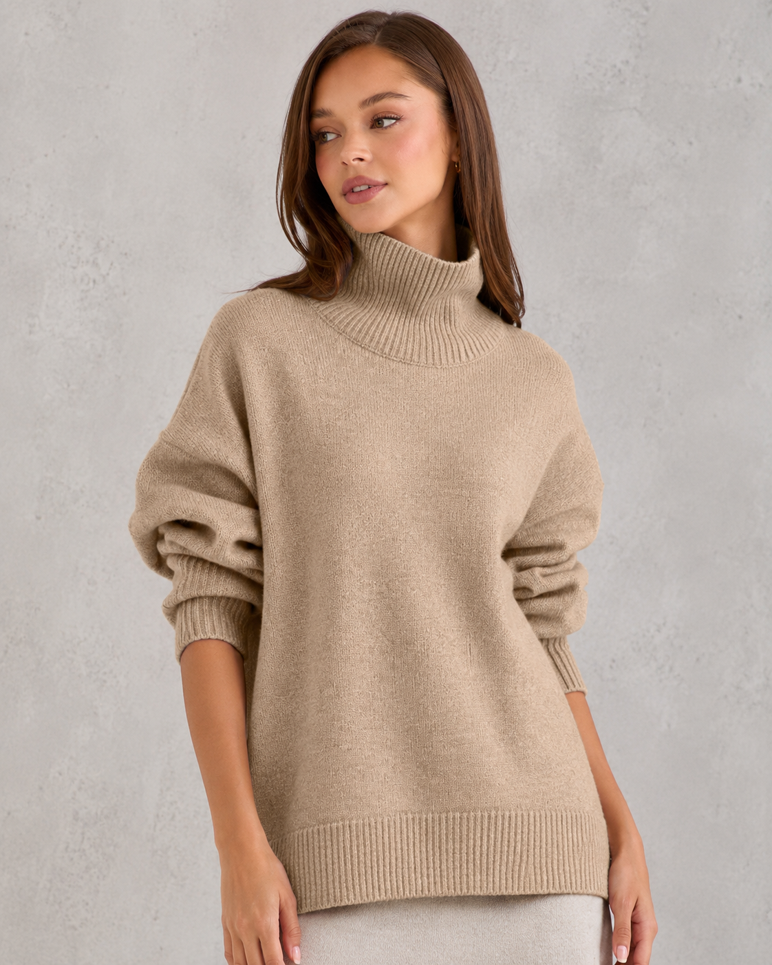 Women's cozy knitted turtleneck sweater in a relaxed, feminine silhouette with a softly structured fit. Features a refined high neckline, rich textured knit, and clean minimalist design that offers warmth and breathable comfort. A versatile wardrobe essential styled effortlessly with tailored trousers, denim, boots, or accessories for polished everyday wear from office settings to casual outings.