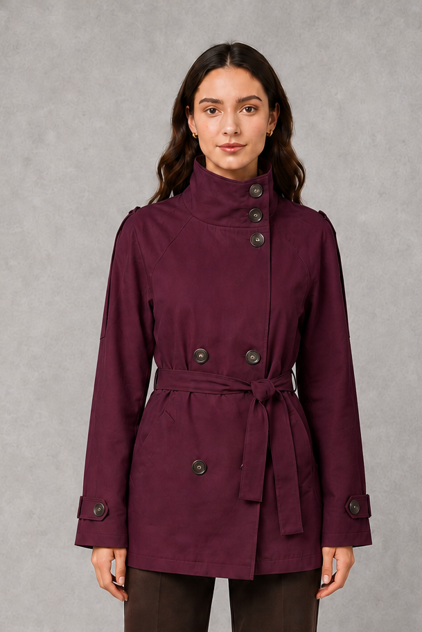 Women’s cropped double-breasted jacket with a high collar, statement buttons, adjustable waist belt, and softly structured lightweight silhouette.