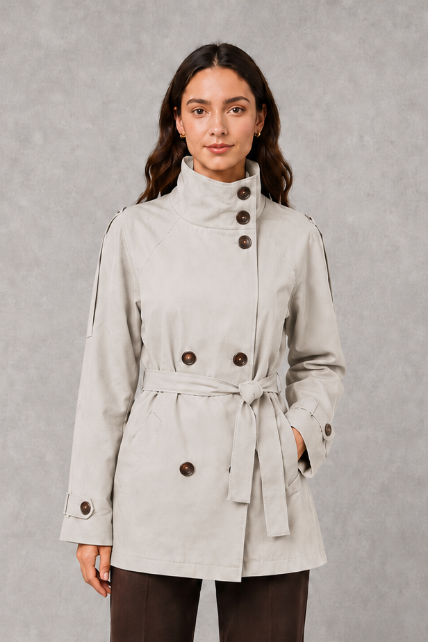 Women’s cropped double-breasted jacket with a high collar, statement buttons, adjustable waist belt, and softly structured lightweight silhouette.