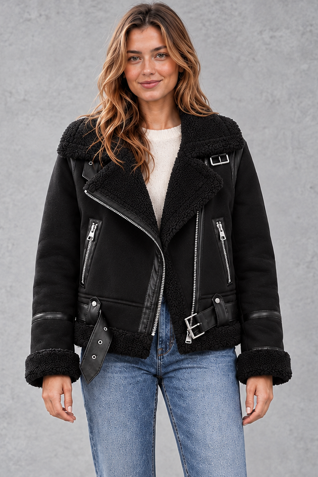 Women's Cropped Shearling-Lined Aviator Jacket – Black