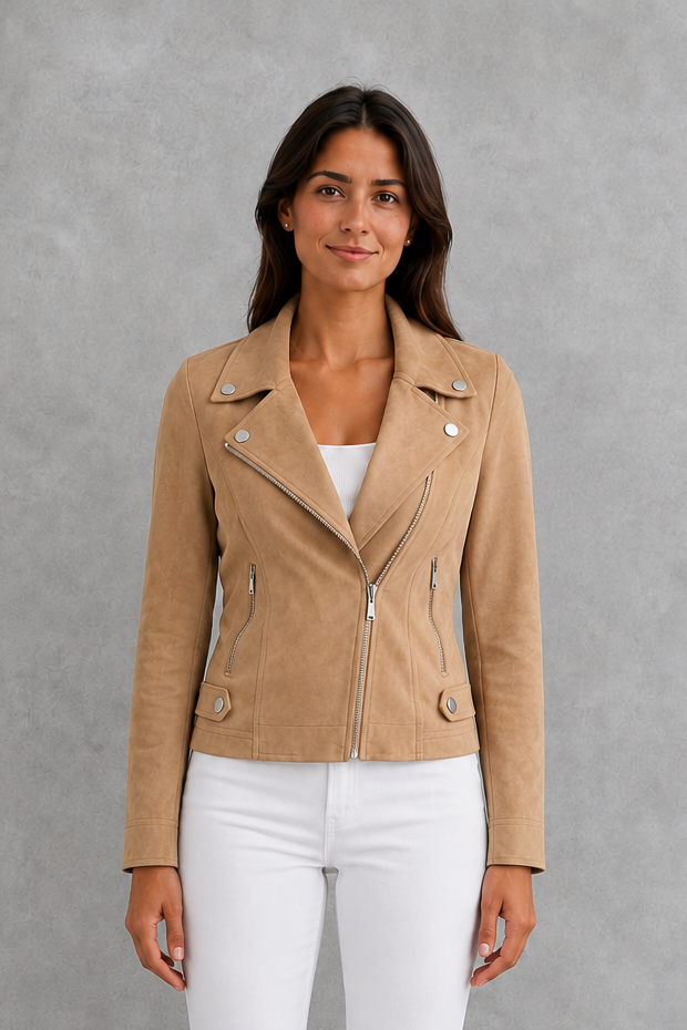 Women’s cropped suede-look jacket with a soft textured finish, flattering regular fit, structured silhouette, and modern cropped length.