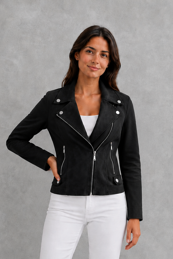 Women’s cropped suede-look jacket with a soft textured finish, flattering regular fit, structured silhouette, and modern cropped length.