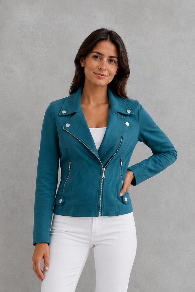 Women’s cropped suede-look jacket with a soft textured finish, flattering regular fit, structured silhouette, and modern cropped length.